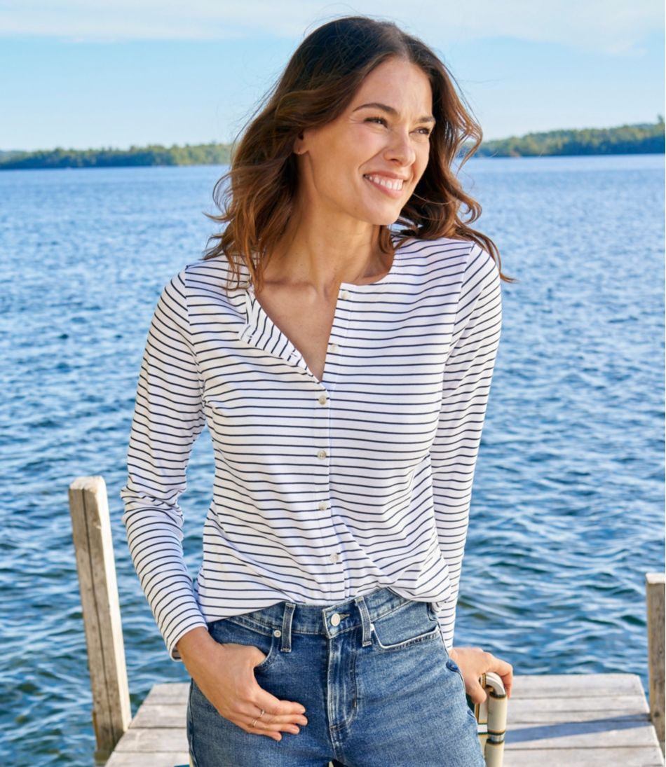 L.L.Bean Women's Pima Cotton Tee, Long-Sleeve Crewneck Cardigan Stripe NEW|CLOTHING