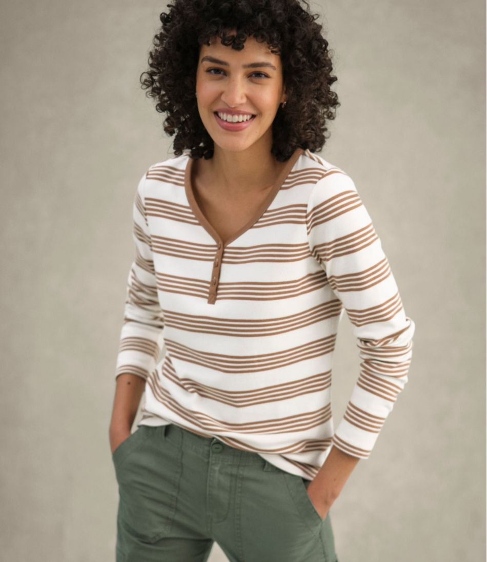 L.L.Bean Women's V-Neck Henley, Long-Sleeve Stripe CLOTHING|SALE