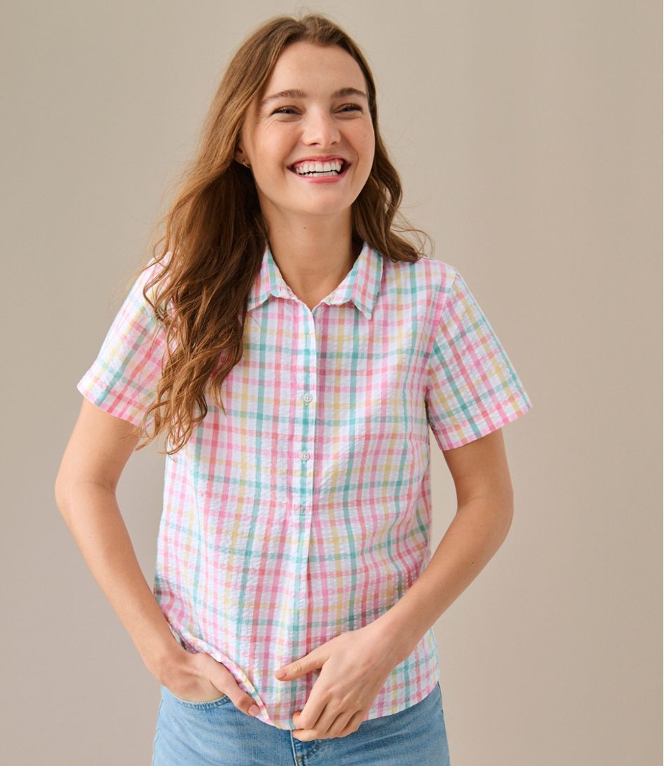 L.L.Bean Women's Vacationland Seersucker Shirt, Short-Sleeve Popover Plaid CLOTHING|SALE