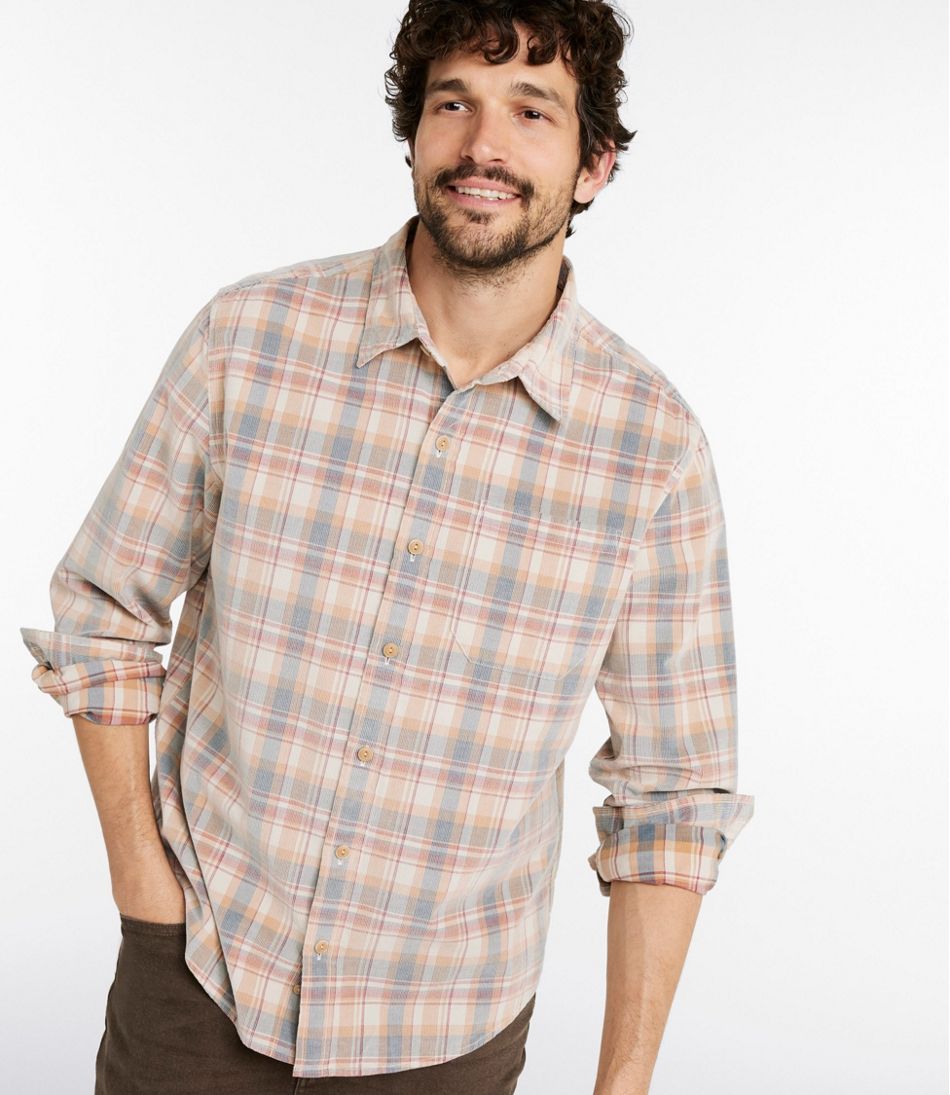 L.L.Bean Men's Sunwashed Corduroy Shirt, Slightly Fitted Untucked Fit, Plaid CLOTHING|SALE